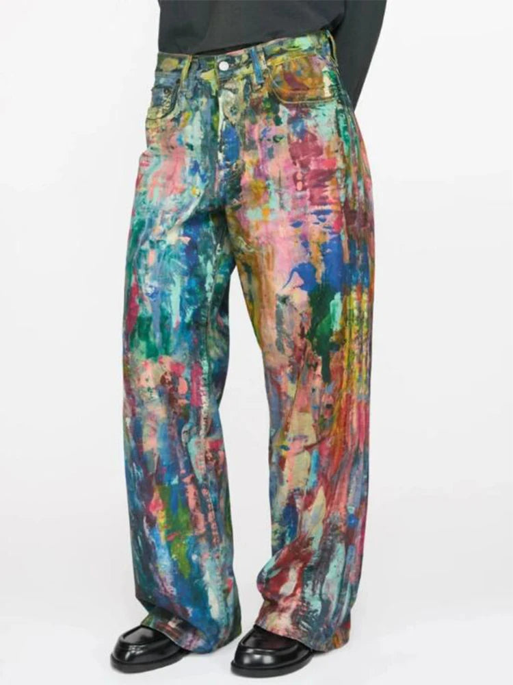 Y2K Fashion Men's Colorful Printing Denim Pants Spring Autumn New Casual Loose Straight Jeans Men Hip Hop Baggy Jean Trousers