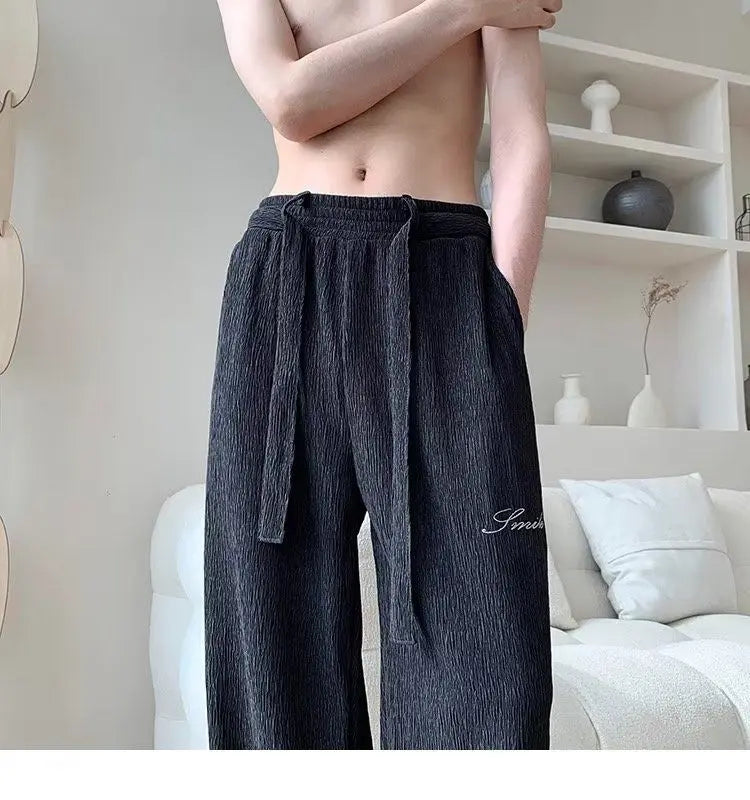 Casual Ice Silk Pants Men Wide Leg Lightweight Baggy Sweatpants White Straight Linen Trousers Male Summer Elastic Hiking