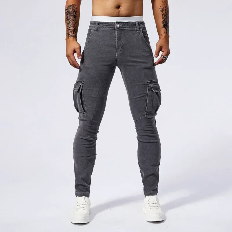 2025 New Men Street Elastic Denim Jeans Multi Pockets Cargo Pants Casual Slim Denim Trousers Fashion Y2k Joggers Baggy Man Pants