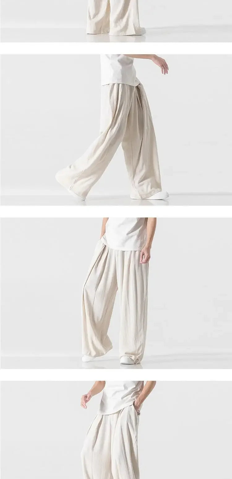 Hanfu Spirit Draped Linen Pants For Men Straight-leg Casual Trousers Chinese Style Loose-fit Ancient Wide-leg Song Trousers