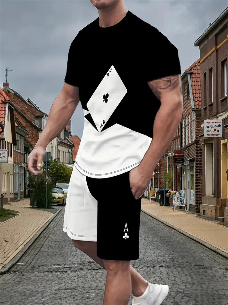 New Men's Short Sleeve Shorts Set Fashion King Printed T-Shirt Shorts 2 Sets of Casual Round Neck Jumper Breathable Sportswear