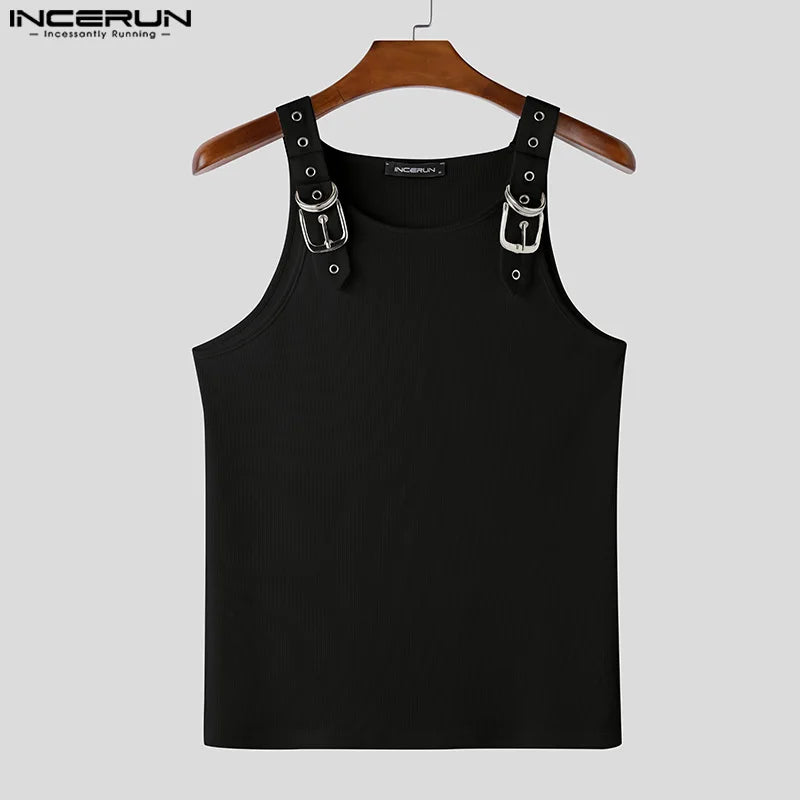 INCERUN Tops American Style Fashion New Men Deconstruction Design Metal Buckle Mesh Vests Casual Streetwear Male Solid Tank Tops