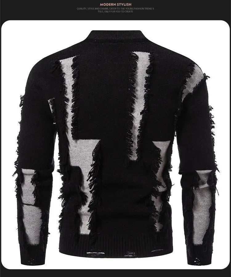 Fashion 2025 Autumn and Winter New Men's Sweater Color-blocked Ripped Round Neck Long Sleeve Base Shirt Knitted Sweater