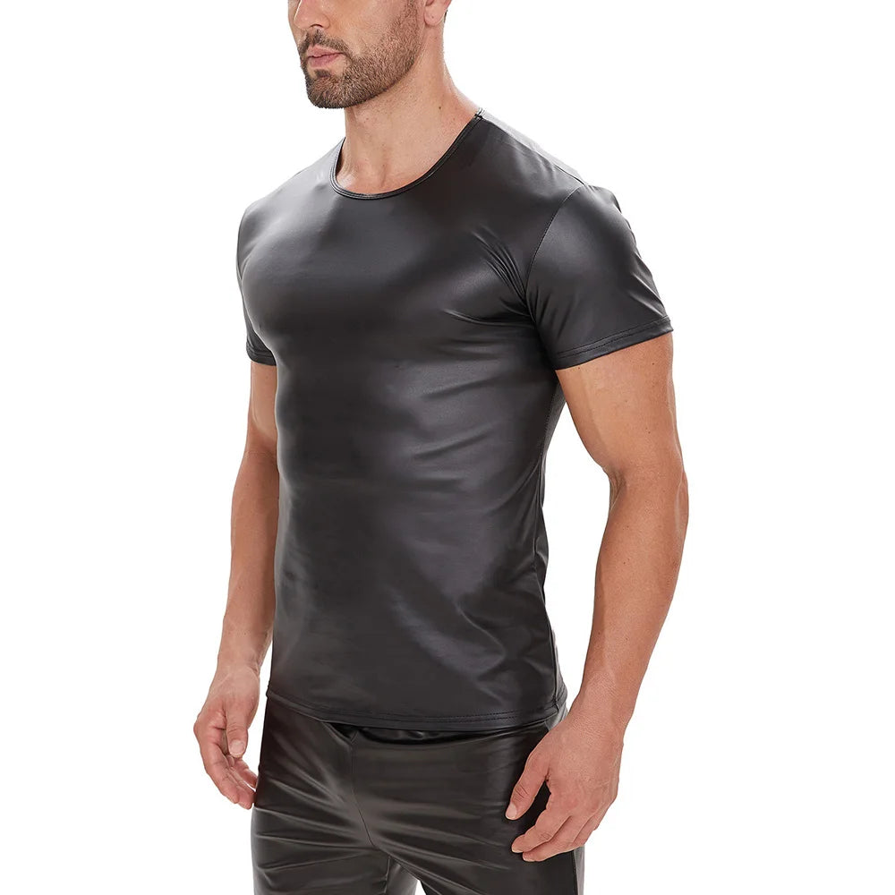 S-5XL Short Sleeve Faux PU Leather T Shirt Men Tights Bodybuilding Hot Muscle Tees Fitness Shapers Cosplay Clubwear Gothic Tops