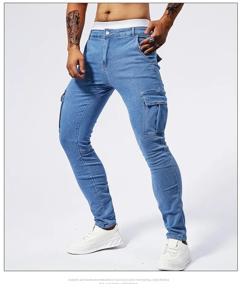 2025 New Men Street Elastic Denim Jeans Multi Pockets Cargo Pants Casual Slim Denim Trousers Fashion Y2k Joggers Baggy Man Pants
