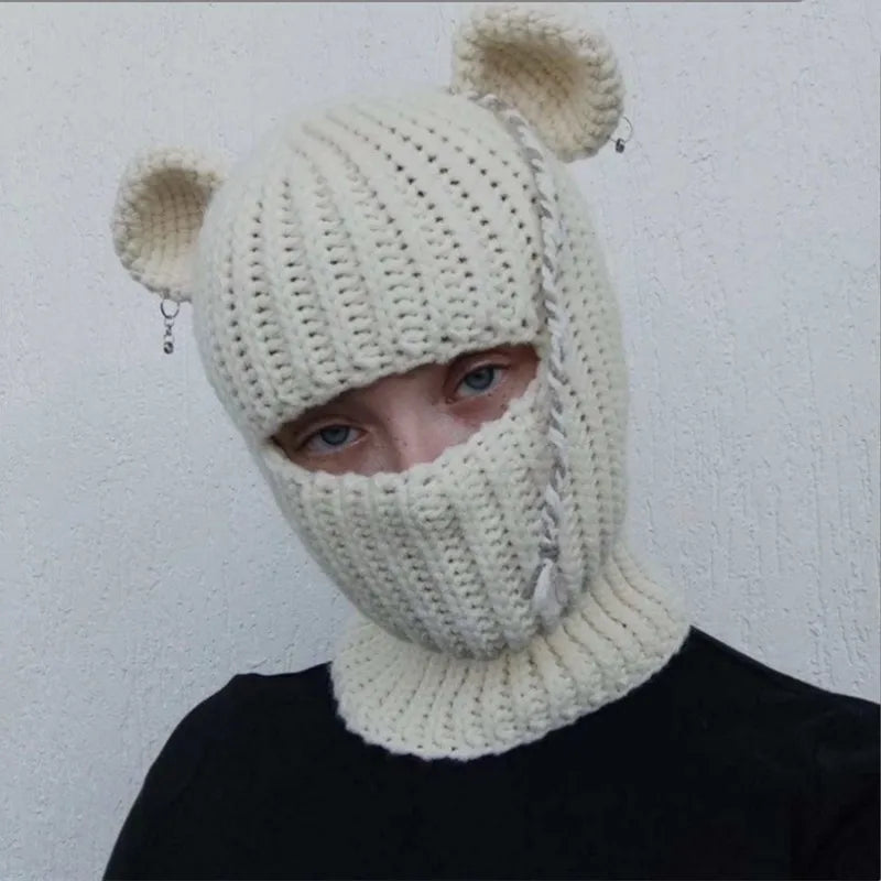 Funny Horns Knitted Hat Cosplay Halloween Masquerade Beanies Warm Full Face Cover Ski Mask Hat Windproof Helmet Trick Scare Prop