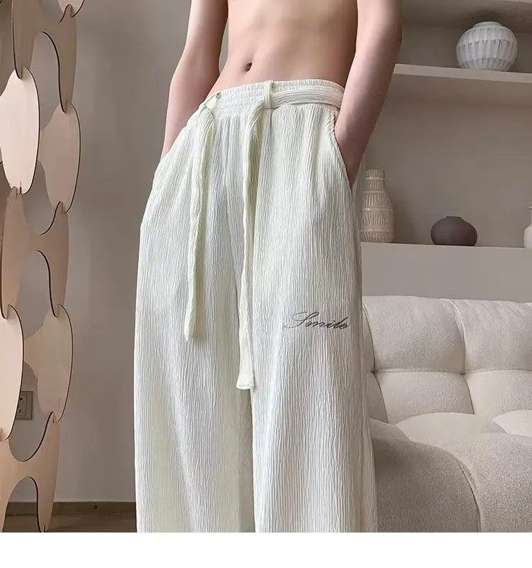 Casual Ice Silk Pants Men Wide Leg Lightweight Baggy Sweatpants White Straight Linen Trousers Male Summer Elastic Hiking