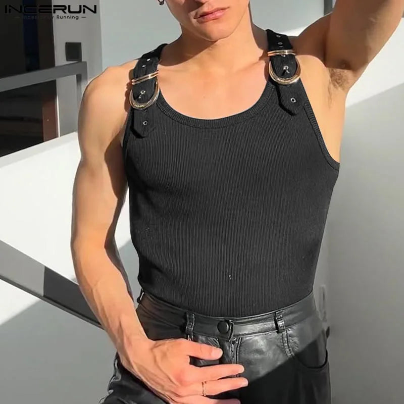 INCERUN Tops American Style Fashion New Men Deconstruction Design Metal Buckle Mesh Vests Casual Streetwear Male Solid Tank Tops