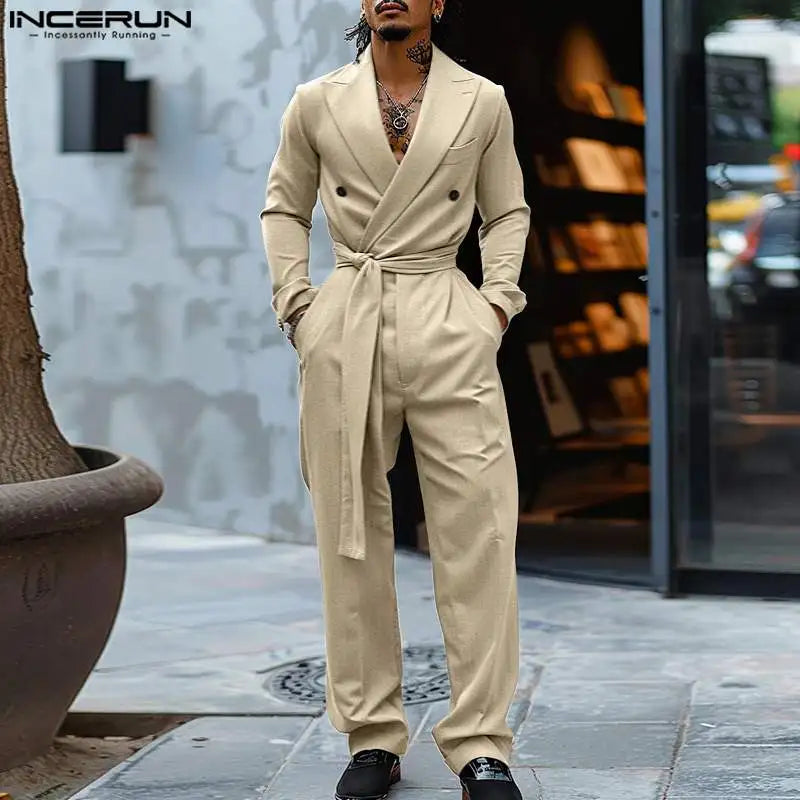 American Style Fashion Jumpsuit Casual Men's Suit Neck Double Breasted Jumpsuits Long Sleeved Casual Rompers S-5XL