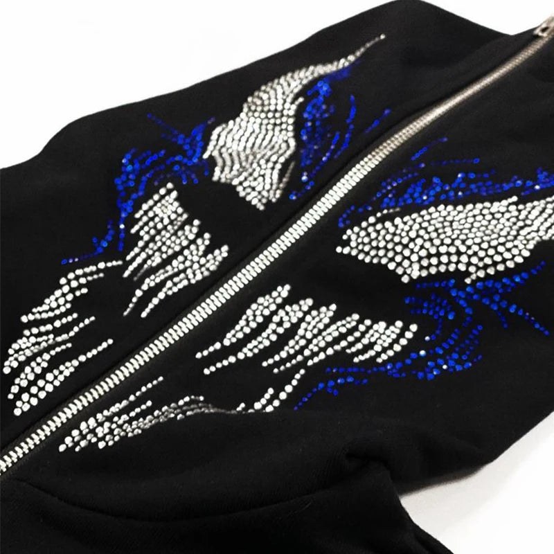 Rhinestone Full Zip Hoodie Skeleton Goth Sweatshirt Pull Long Sleeve Black Hoodies Y2k Fashion Men's Women's Sport Jackets Coats
