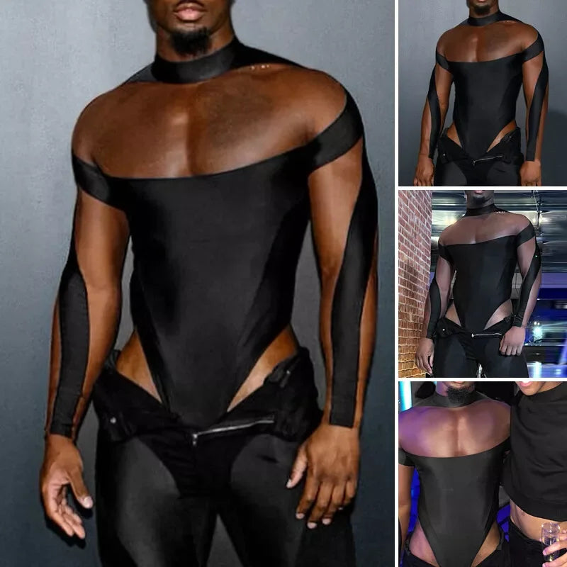 Sexy See Through Mesh Jumpsuits Tees Mens Spring Party Fashion Patchwork Mesh T-shirts Men Stylish Slim Fit Long Sleeve Pullover