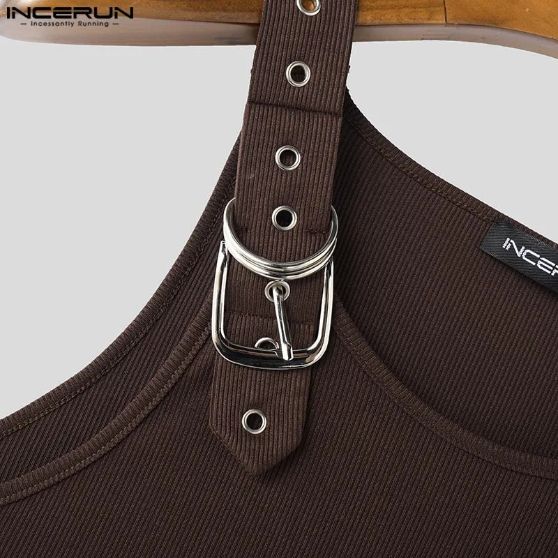 INCERUN Tops American Style Fashion New Men Deconstruction Design Metal Buckle Mesh Vests Casual Streetwear Male Solid Tank Tops