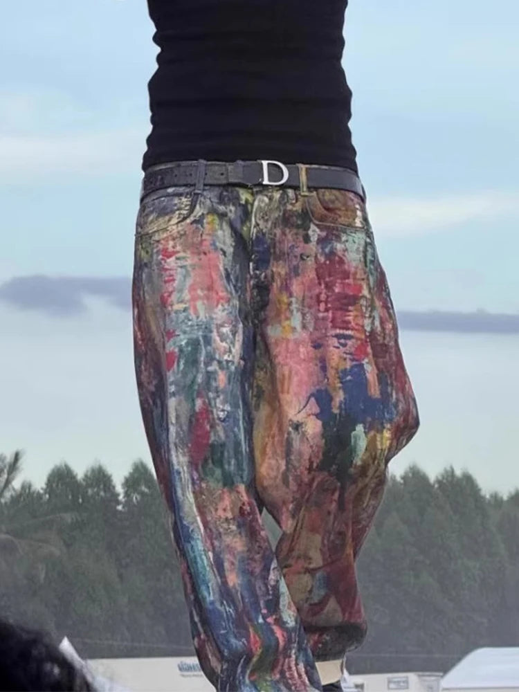 Y2K Fashion Men's Colorful Printing Denim Pants Spring Autumn New Casual Loose Straight Jeans Men Hip Hop Baggy Jean Trousers