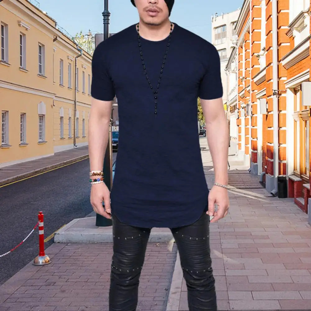 Trendy Men T-shirt Irregular Hem Men Summer T-shirt Slim Fit Crew Neck Men Summer T-shirt Match Pants