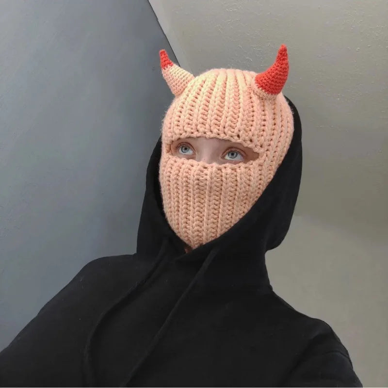 Funny Horns Knitted Hat Cosplay Halloween Masquerade Beanies Warm Full Face Cover Ski Mask Hat Windproof Helmet Trick Scare Prop