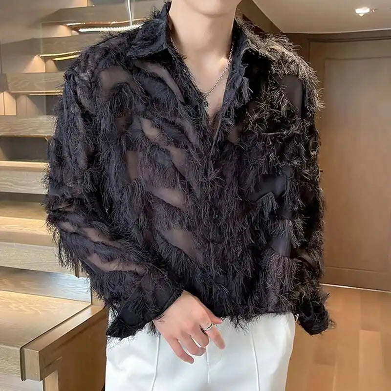 IEFB Korean Style Male Shirts Casual Tassel Lapel Long Sleeve Signle Breasted Solid Color Loose Men's Tops New Tide 2024 9C6460