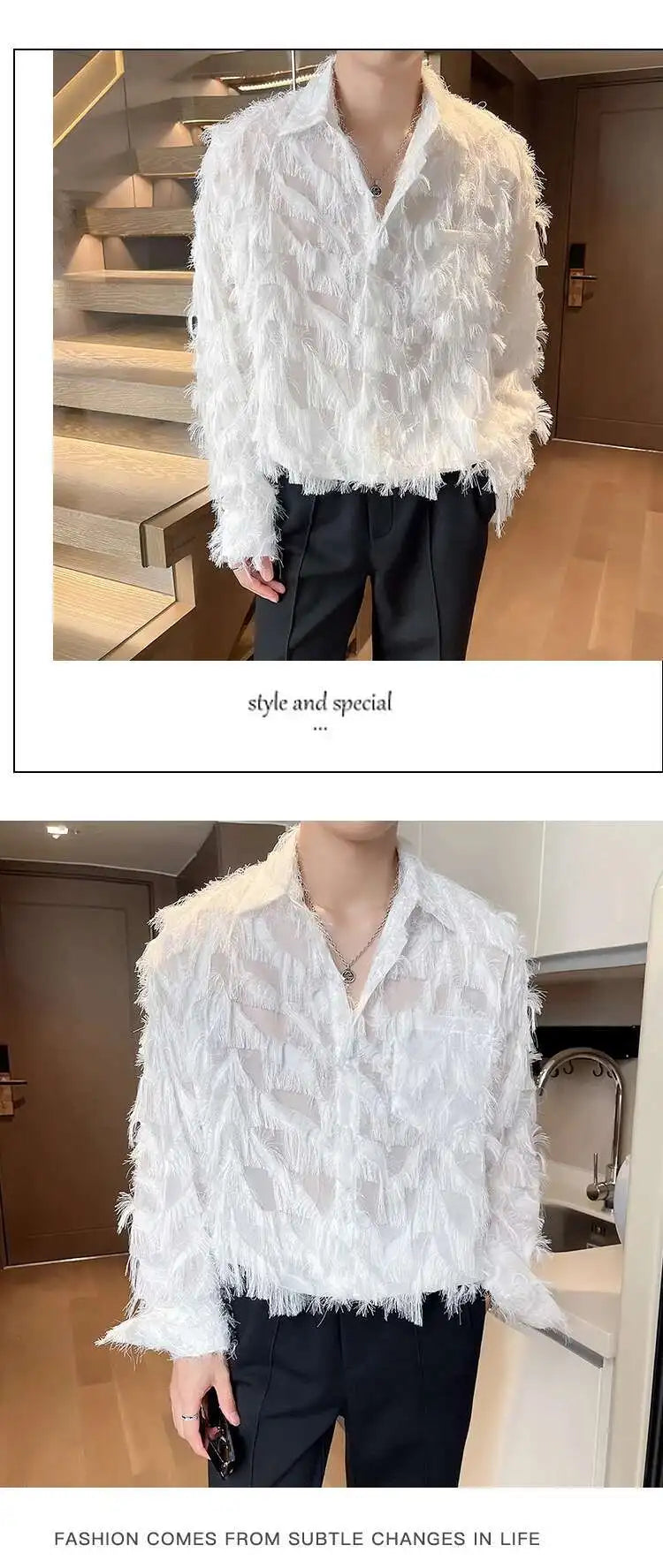 IEFB Korean Style Male Shirts Casual Tassel Lapel Long Sleeve Signle Breasted Solid Color Loose Men's Tops New Tide 2024 9C6460