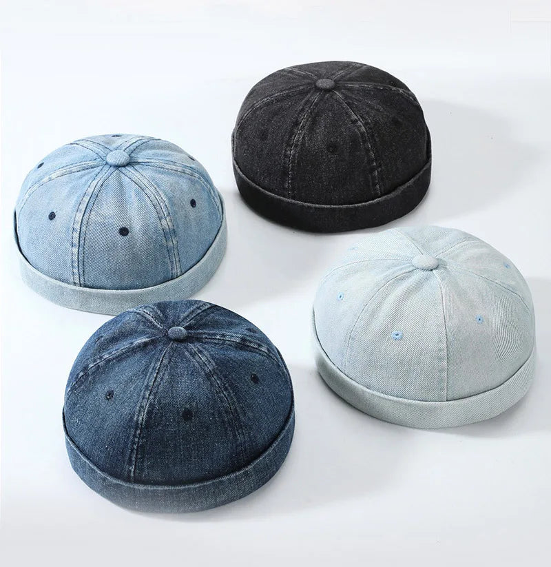 Hip Hop Blue Denim Washed Cotton Landlord Hat Docker Cap Rolled Edge Brimless Sailor Hat Solid Adjustable Beanie Hats Streetwear