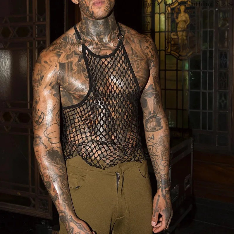 Men's Tank Top Outdoor Sports Black Cutout Vest Top Men's Sheer Mesh Fitness Sleeveless Vest Men Summer Mesh Vest Men's Clothing