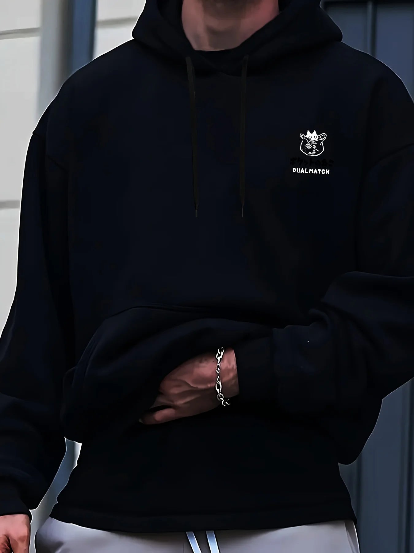 2025 Men's Autumn and Winter Oversized Hip-hop Hoodie Beige with Black Pattern Design Loose Version Retro Style Hoodie