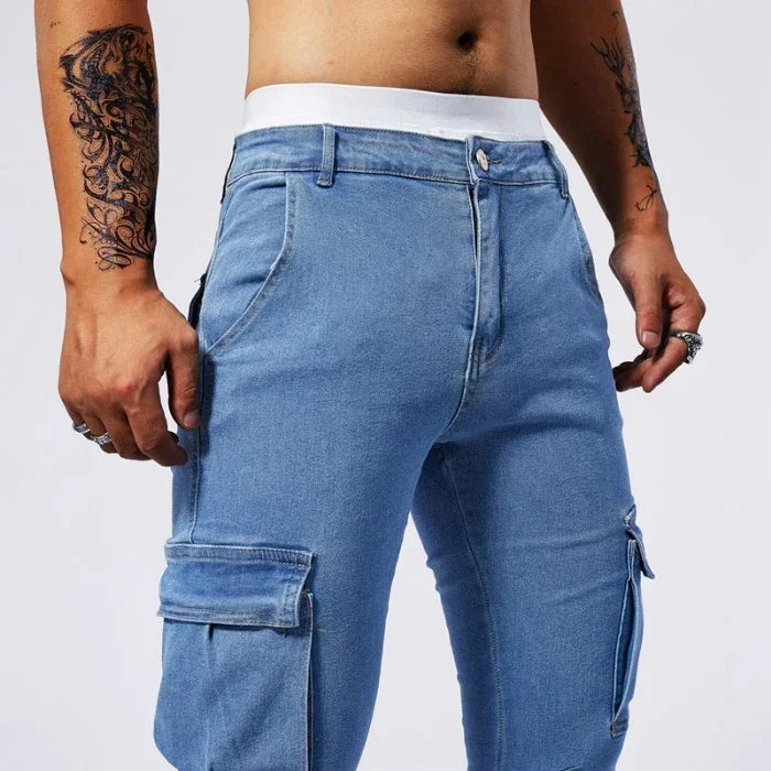 2025 New Men Street Elastic Denim Jeans Multi Pockets Cargo Pants Casual Slim Denim Trousers Fashion Y2k Joggers Baggy Man Pants