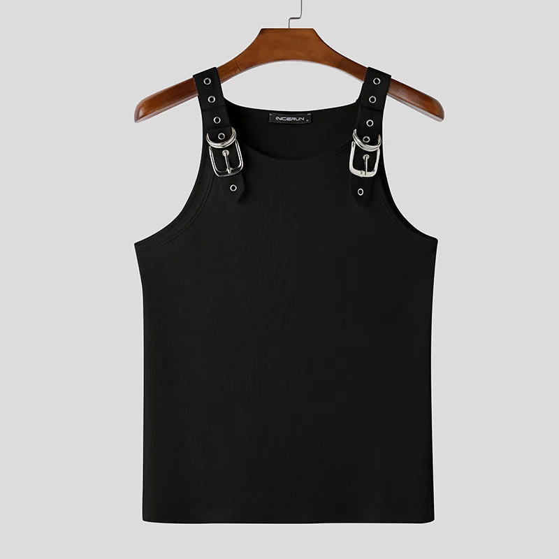 INCERUN Tops American Style Fashion New Men Deconstruction Design Metal Buckle Mesh Vests Casual Streetwear Male Solid Tank Tops