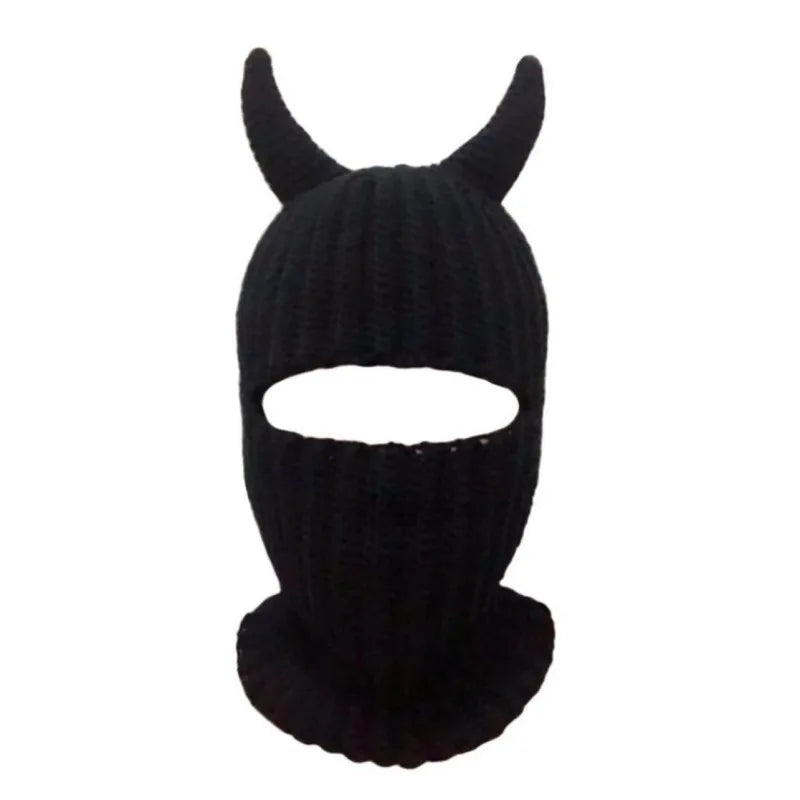 Funny Horns Knitted Hat Cosplay Halloween Masquerade Beanies Warm Full Face Cover Ski Mask Hat Windproof Helmet Trick Scare Prop
