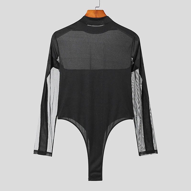 Sexy See Through Mesh Jumpsuits Tees Mens Spring Party Fashion Patchwork Mesh T-shirts Men Stylish Slim Fit Long Sleeve Pullover