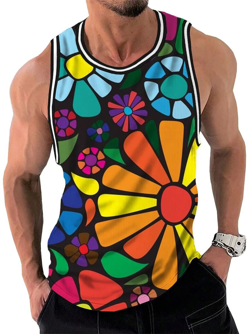 Vintage Rainbow Flowers 3D Print Tank Top Men Women Vacation Party Fashion Casual Y2k Clothing Oversized Sleeveless T-shirt Vest