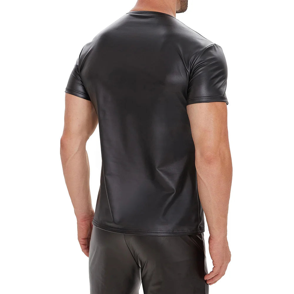 S-5XL Short Sleeve Faux PU Leather T Shirt Men Tights Bodybuilding Hot Muscle Tees Fitness Shapers Cosplay Clubwear Gothic Tops