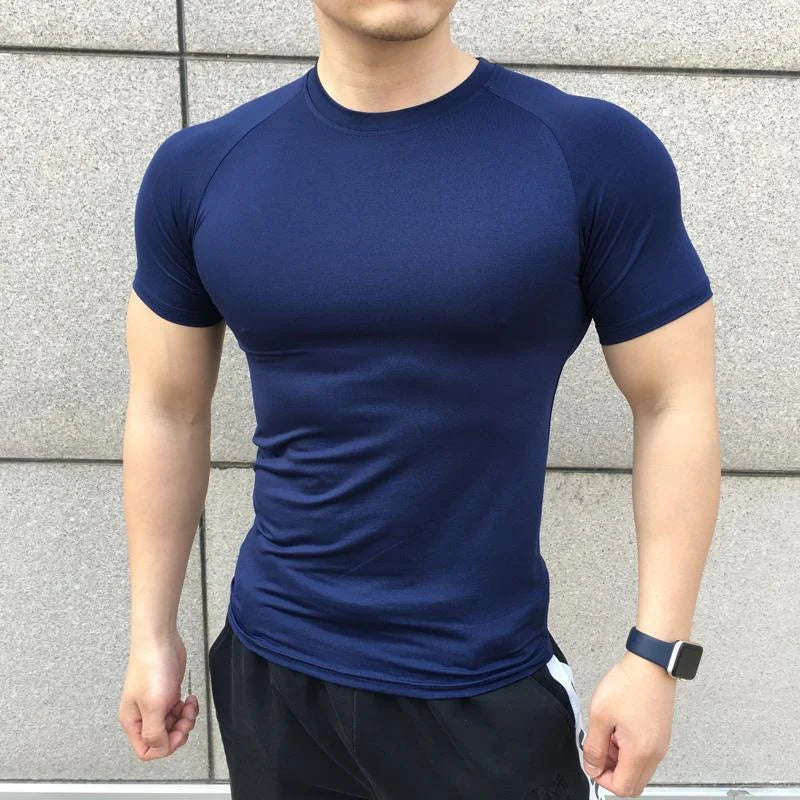 2025 New Men Summer Short Sleeve Fitness Shirt Running Sport Gym Compression T Shirt Workout Casual Elastic Force Tops Clothing