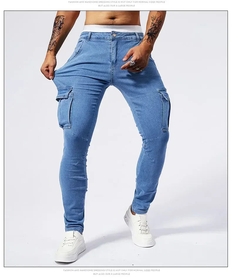 2025 New Men Street Elastic Denim Jeans Multi Pockets Cargo Pants Casual Slim Denim Trousers Fashion Y2k Joggers Baggy Man Pants