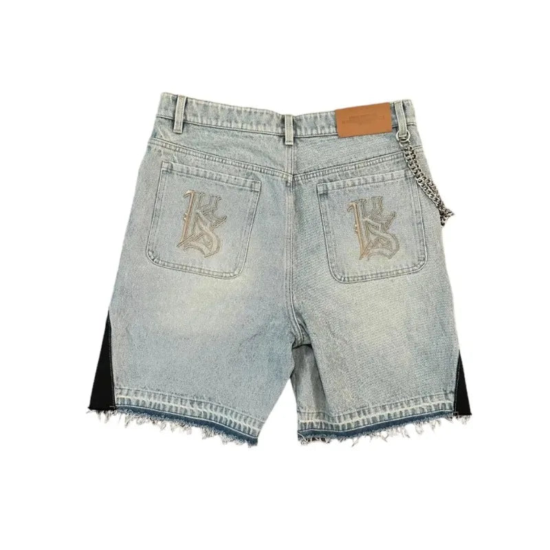 Y2K Jeans Men Women Hip Hop Cartoon Graphics Streetwear Retro Patchwork Denim Short Retro Blue Loose Denim Fitness Casual Shorts