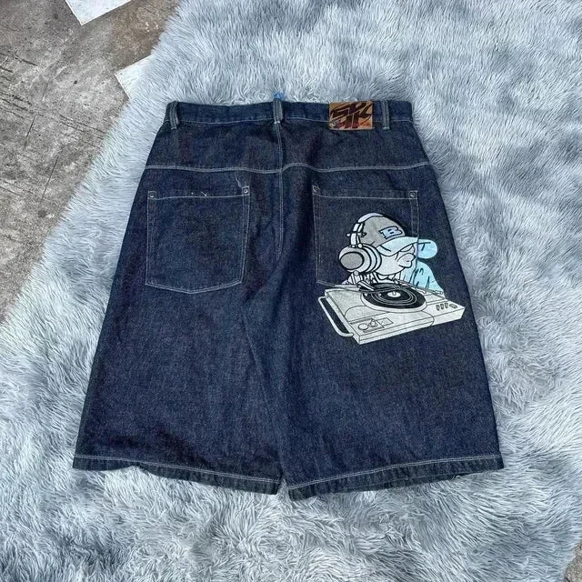 Y2K Jeans Men Women Hip Hop Cartoon Graphics Streetwear Retro Patchwork Denim Short Retro Blue Loose Denim Fitness Casual Shorts