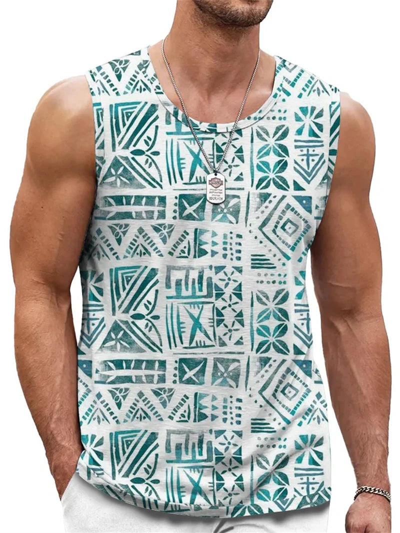 Mens Retro Geometric 3D Printed Tank Top Summer Casual Crew Neck Fashion Trend Sleeveless Vest Loose Breathable Sports Tops