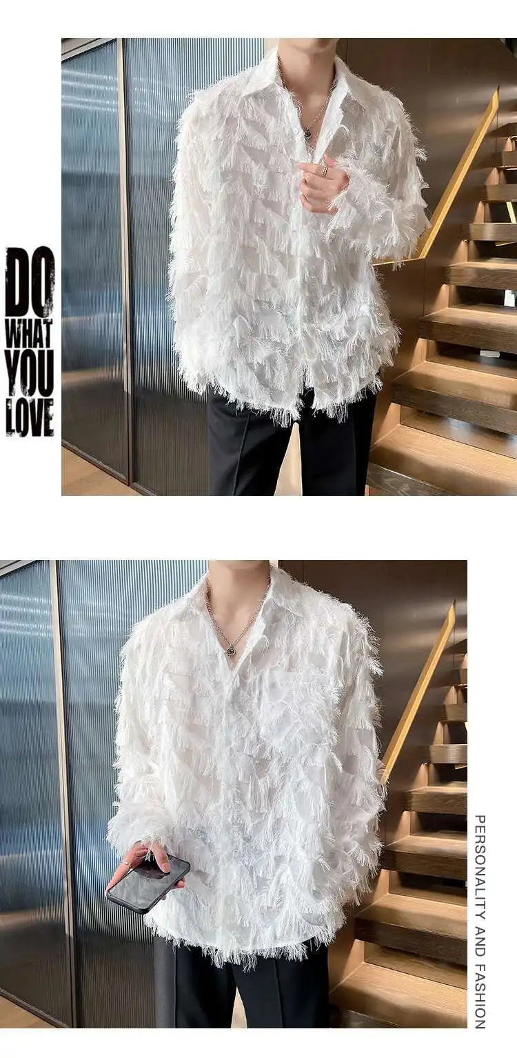 IEFB Korean Style Male Shirts Casual Tassel Lapel Long Sleeve Signle Breasted Solid Color Loose Men's Tops New Tide 2024 9C6460
