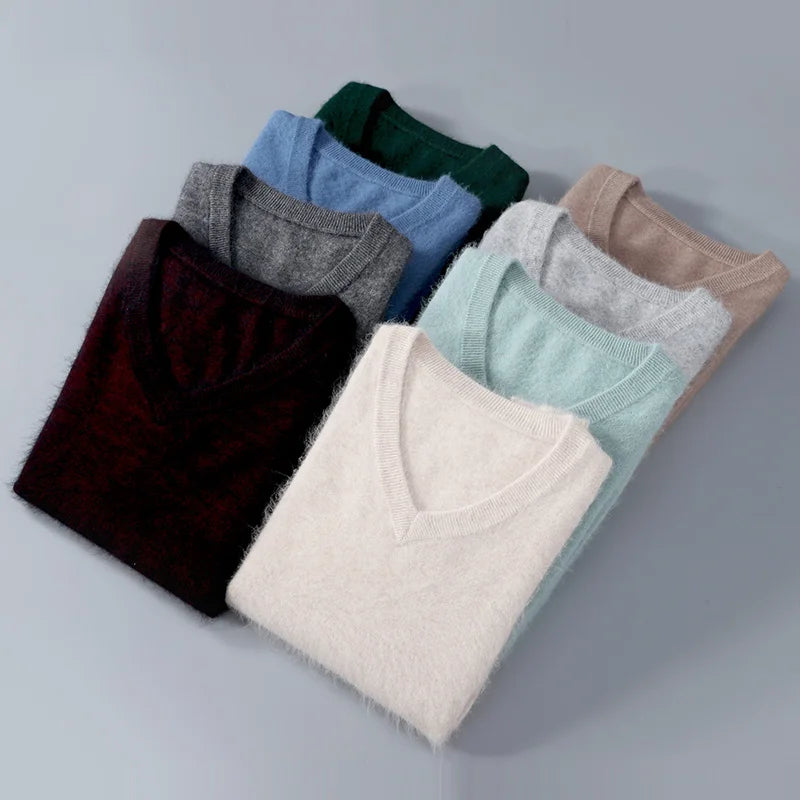 Men's 100% Pure Mink Cashmere Sweater V-neck Pullover Knit Bottoming Shirt Autumn And Winter New Long-Sleeve High-End Mink Tops