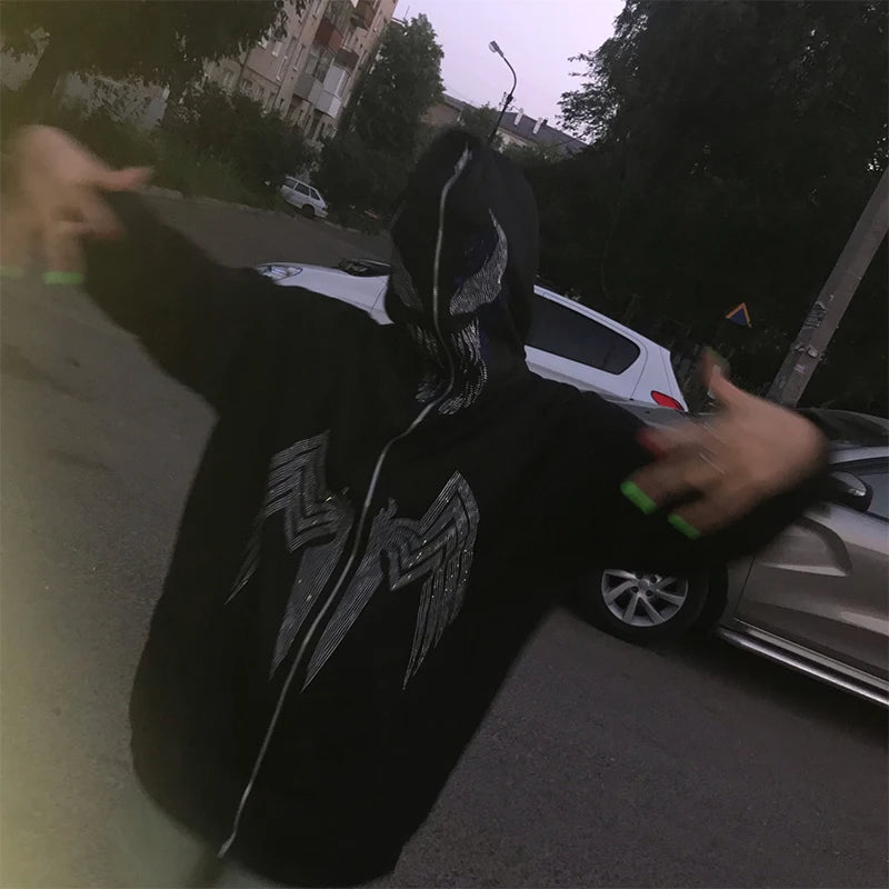 Rhinestone Full Zip Hoodie Skeleton Goth Sweatshirt Pull Long Sleeve Black Hoodies Y2k Fashion Men's Women's Sport Jackets Coats