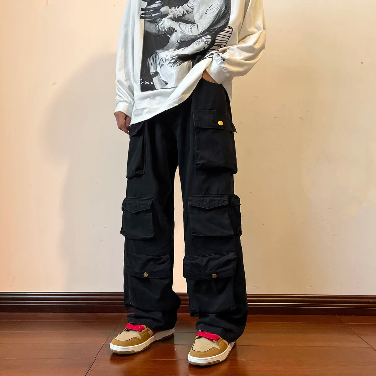 2025 Men Cargo Pants Multi-Pockets Tool Pants Harajuku Mens Vintage Loose Wide Leg Pants Streetwear Casual Hip-Hop Trousers