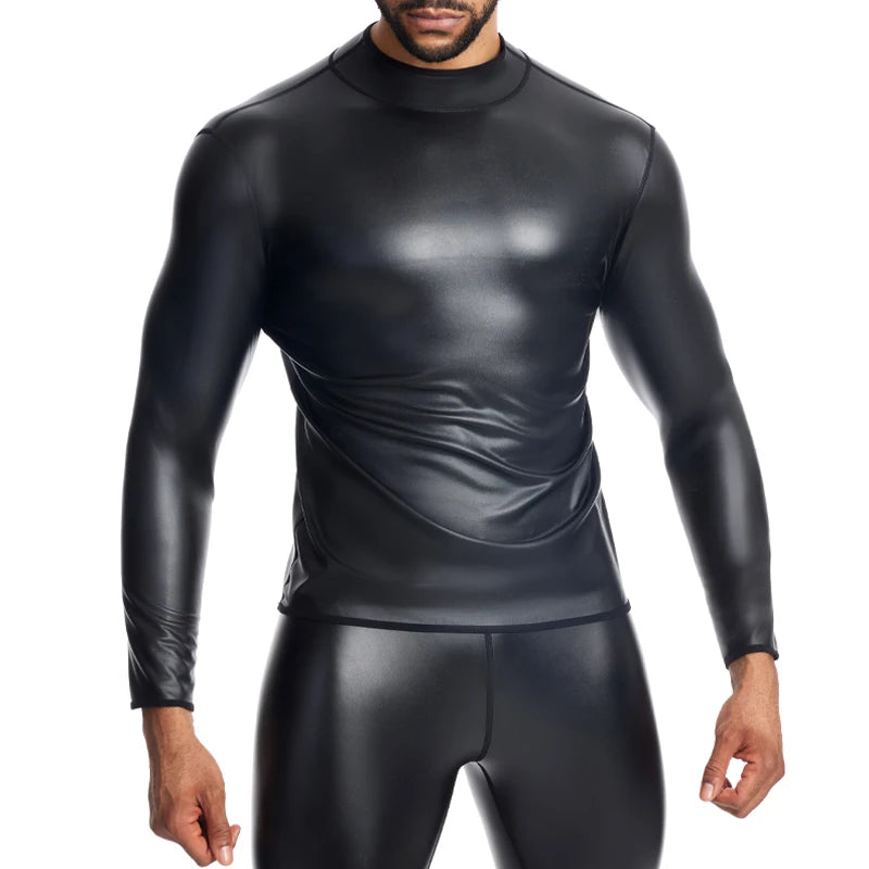 High quality Men's Leather Shirt New Men Sexy Leather T-Shirt Plus Size S-6XL Faux Leather Long Sleeve Top Black Slim Undershirt