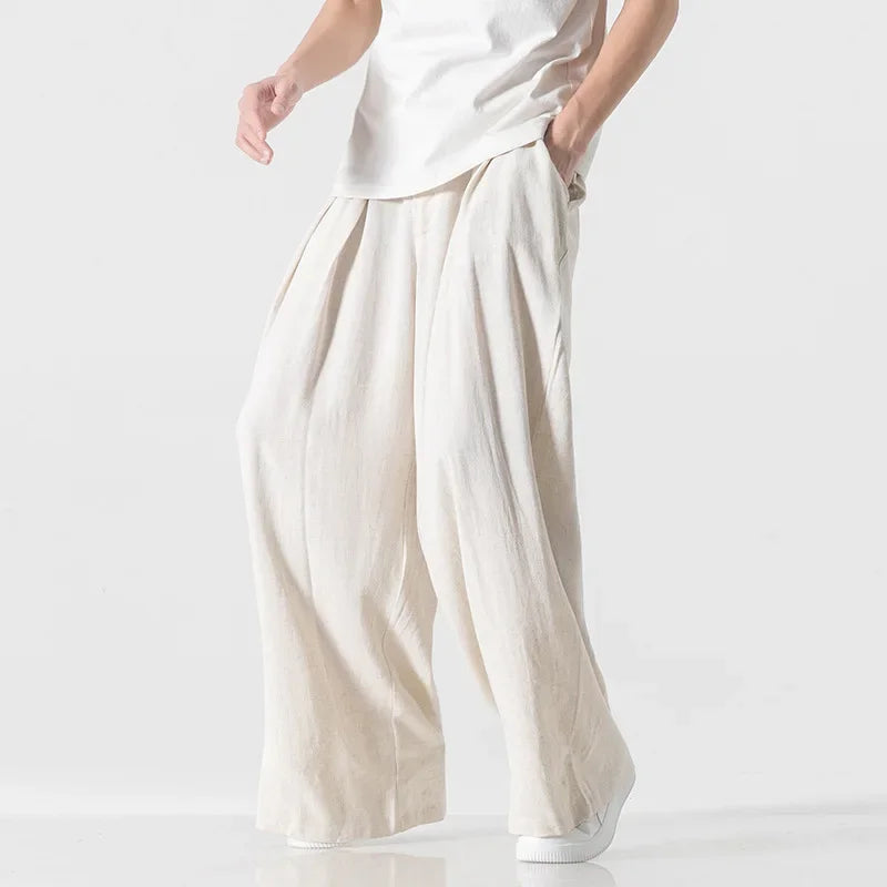 Hanfu Spirit Draped Linen Pants For Men Straight-leg Casual Trousers Chinese Style Loose-fit Ancient Wide-leg Song Trousers