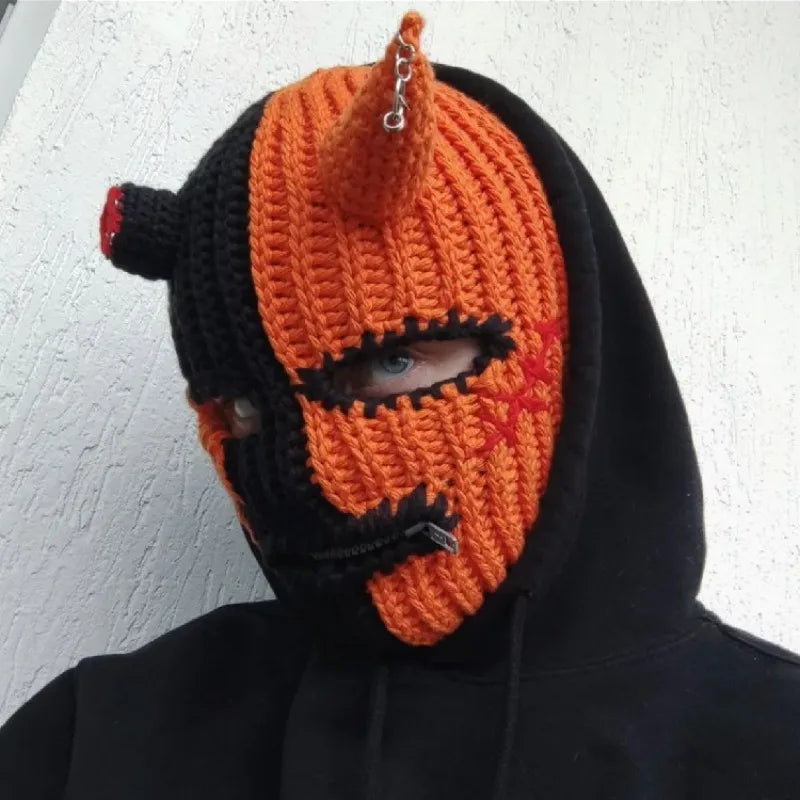 Funny Horns Knitted Hat Cosplay Halloween Masquerade Beanies Warm Full Face Cover Ski Mask Hat Windproof Helmet Trick Scare Prop