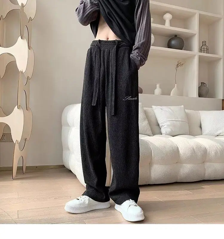 Casual Ice Silk Pants Men Wide Leg Lightweight Baggy Sweatpants White Straight Linen Trousers Male Summer Elastic Hiking