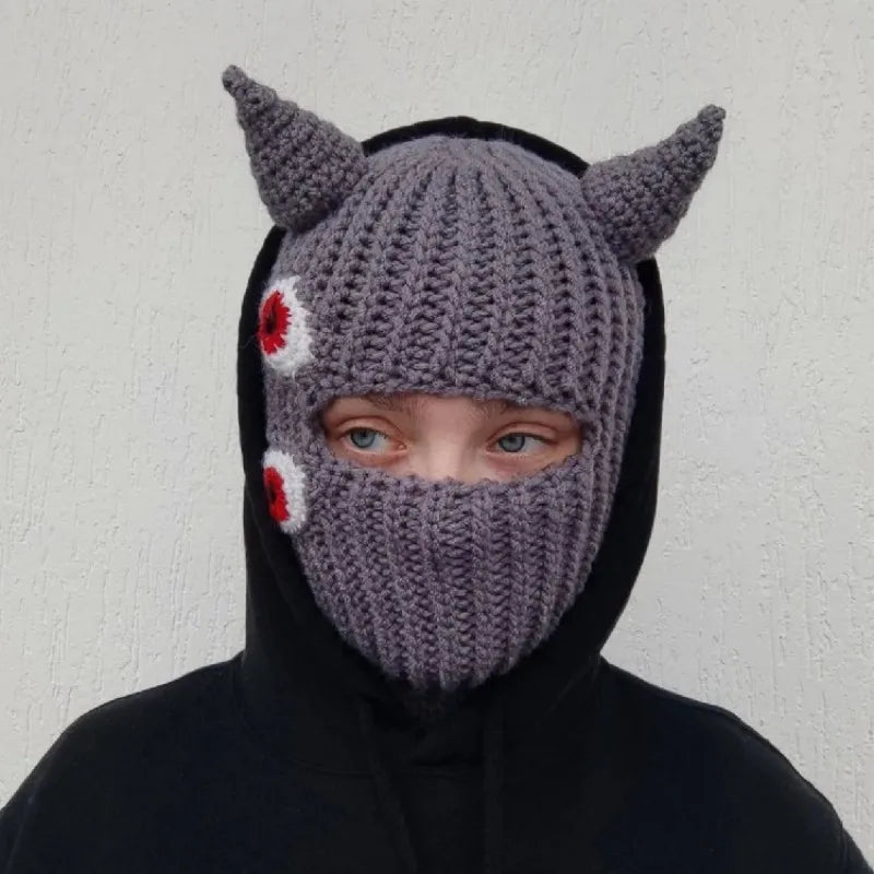 Funny Horns Knitted Hat Cosplay Halloween Masquerade Beanies Warm Full Face Cover Ski Mask Hat Windproof Helmet Trick Scare Prop