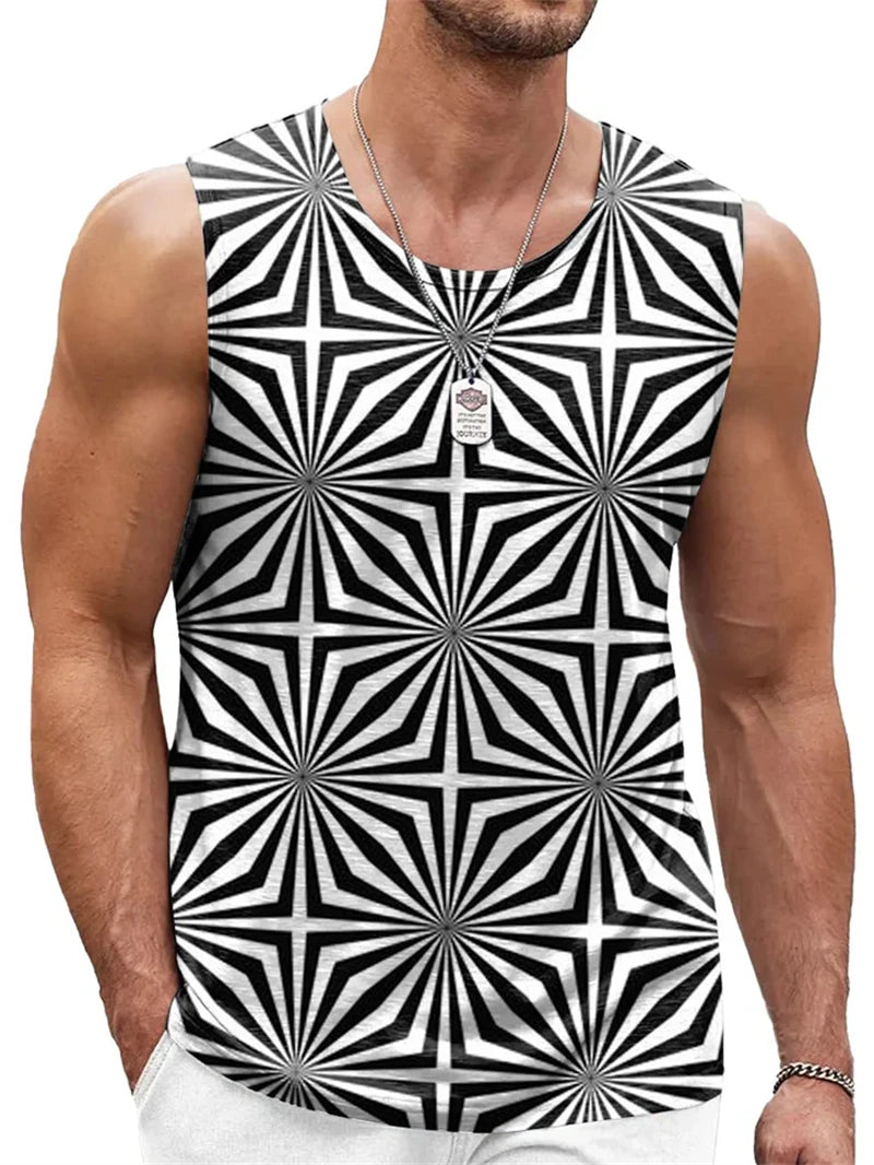 Mens Retro Geometric 3D Printed Tank Top Summer Casual Crew Neck Fashion Trend Sleeveless Vest Loose Breathable Sports Tops