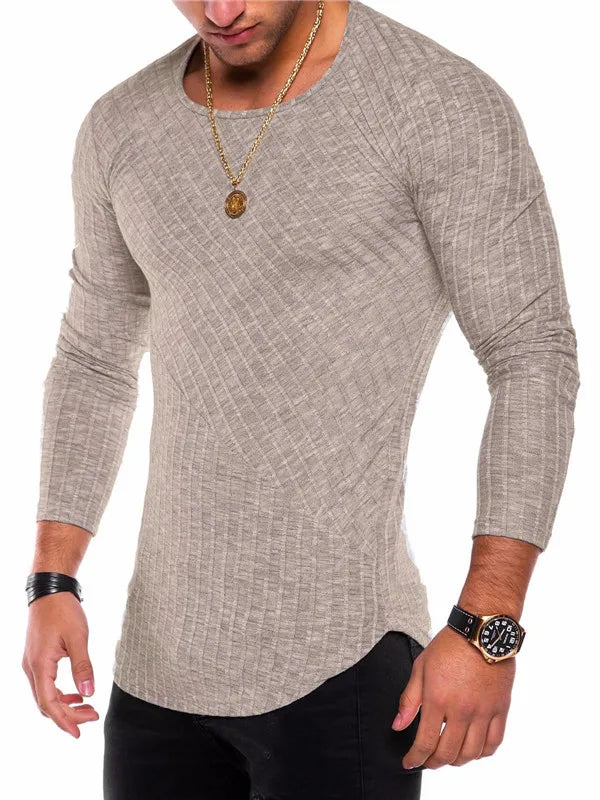 Men's Knitted Thin Base Sweater with Curved Hem Design Round Neck Tight Fit Elastic Long Sleeved T-shirt Thin Sweater