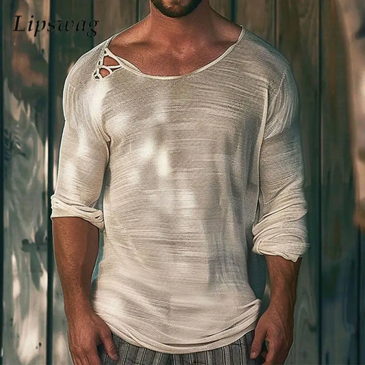 Retro Irregular O Neck Ripped T Shirt Men Spring Casual Long Sleeve Loose Pullover Top Mens Clothes Vintage Solid Color T-shirts