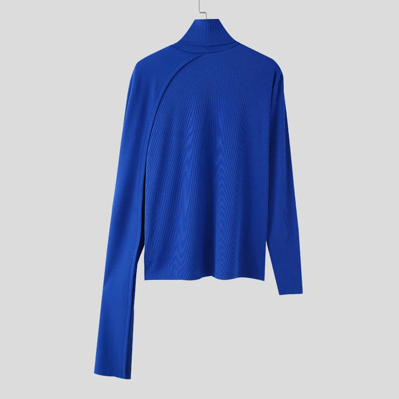 INCERUN Men Irregular Pullovers Solid Color Turtleneck Long Sleeve Knitted Casual Sweaters Streetwear Autumn 2023 Men Clothing