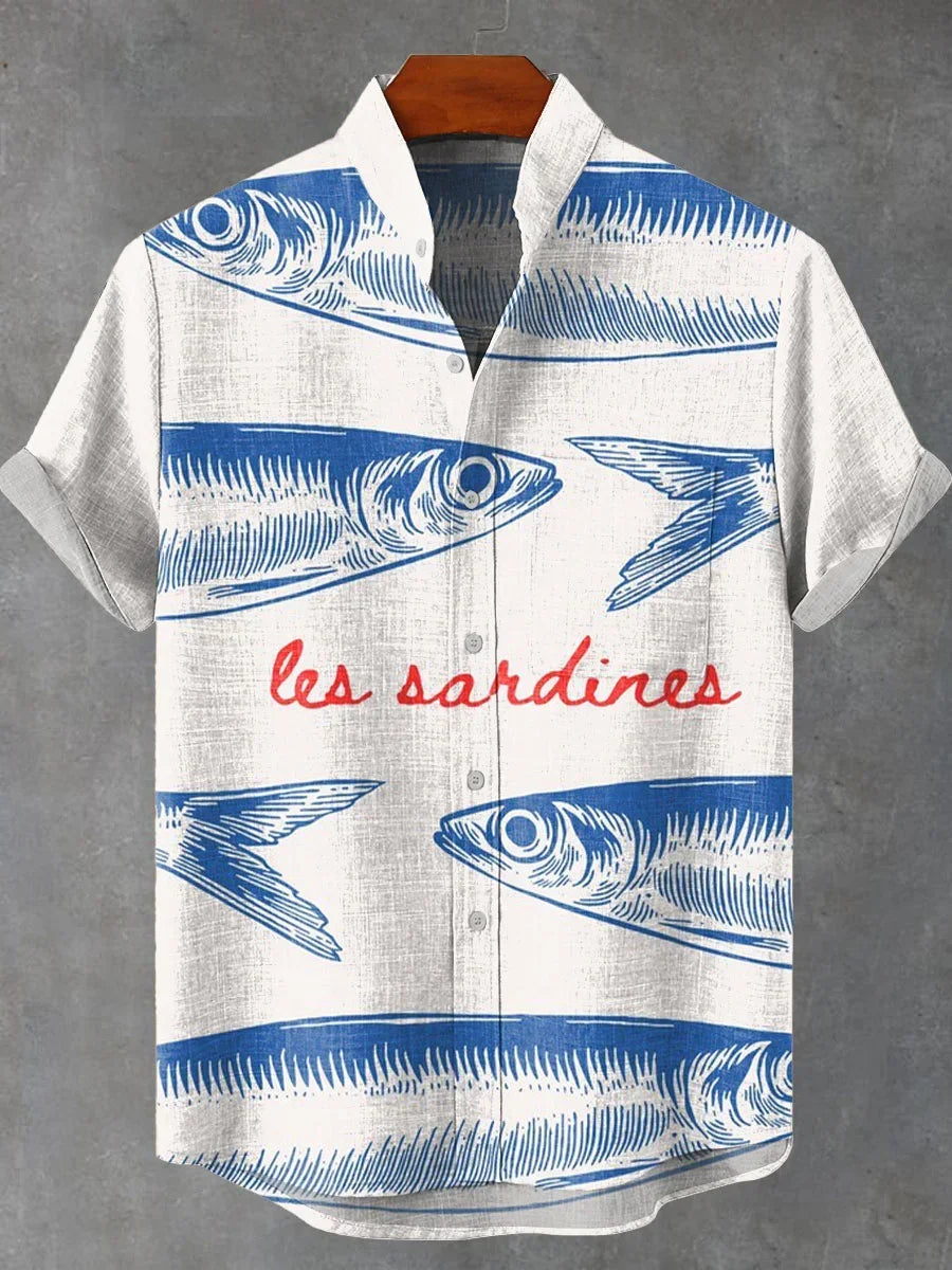 2025 Summer Blue Fish Line Retro 3D Printed Casual Fashion 100% Linen Men's Short sleeved Stand up Collar Shirt