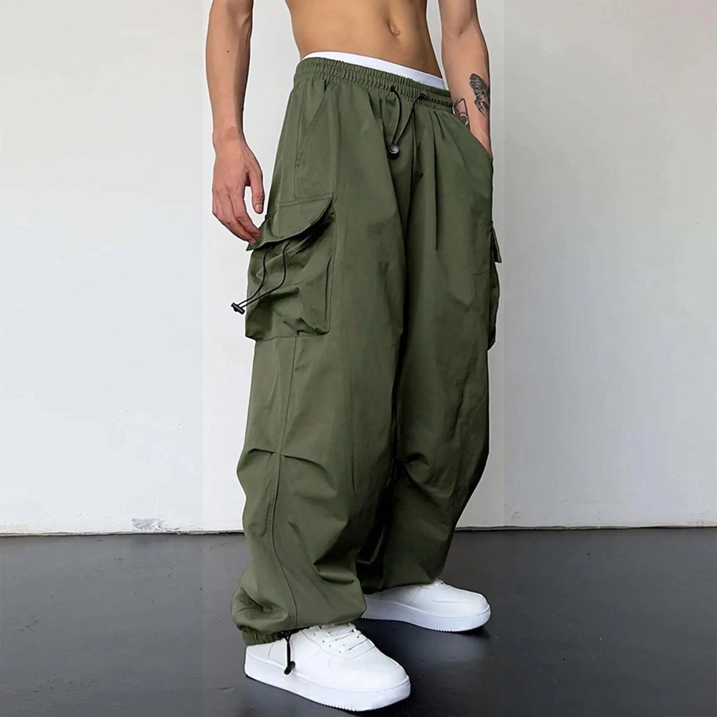 New Style Casual Pants Men's Multi Pocket Cargo Pants High Street Drawstring Workwear Trousers Men Loose Versatile Wide Leg Pant